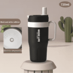 Stainless Steel Thermo Cup with Handle, Double Wall and Straw 720ml Black & Beige