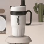 Stainless Steel Thermo Cup with Handle, Double Wall and Straw 720ml Beige
